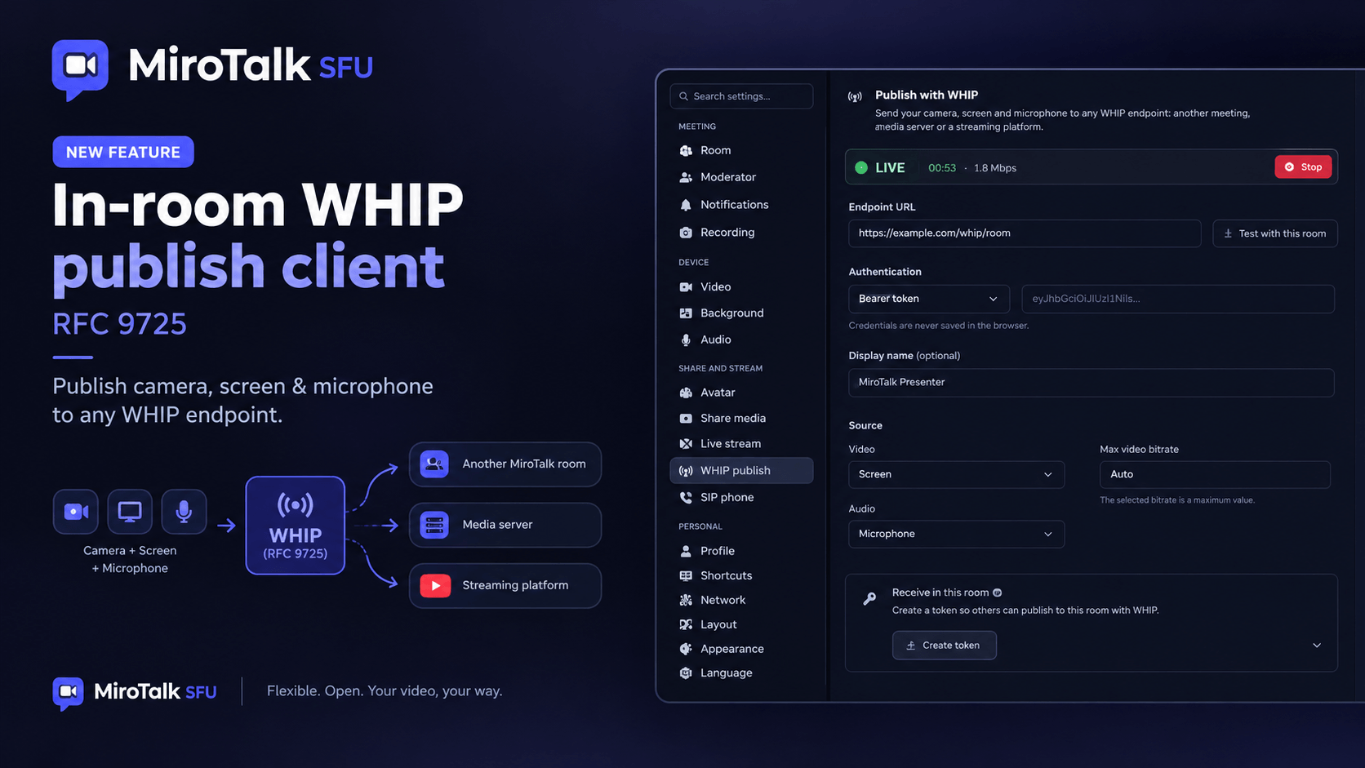 In-room WHIP publish client in MiroTalk SFU: publish camera, screen and microphone to any WHIP endpoint