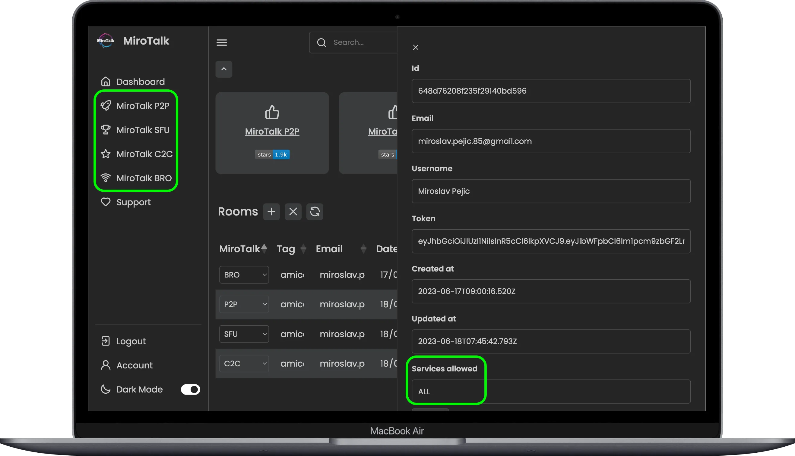 MiroTalk WEB scheduling dashboard